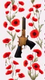 Placeholder: Two gold pistols and a red notebook on a white scarf. A bed of red poppies. Close-up from above.cinematic