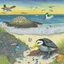 Placeholder: A color drawing of a detailed beach with a turtle and puffin birds