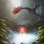 Placeholder: fantasy art, book illustration, fiery dragon sitting on the stairs of a dam in the magical forest ,icy water