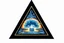 Placeholder: a nuclear explosion cloud, behind an orange glowing omega like shape, all inside an equilateral triangle opening, that is like a doorway to a different world, radiant lines, 1960s commercial illustration