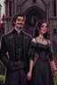 Placeholder: Strahd von Zarovich smiling, dressed in black and Ireena Kolyana frowning, wearing a wedding dress standing outside Castle Ravenloft in the illustrated style of dungeons and dragons