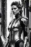 Placeholder: Generate an 16k image of a futuristic Hollywood superstar with android features, inspired by Luis Royo's art, wearing a metallic exosuit.In black and white,