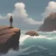 Placeholder: Person standing on a solitary rock in the ocean as waves crash down, artstation, intense