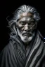 Placeholder: a photo of an Caiucasian man with ethnic jewelry, grey hair and grey flowing robe, in style of Annie Leibovitz, contemporary portrait of a mature yet beautiful and modernist man, black and grey, detailed masculine face, swirling fluid smokey enigma, award-winning artwork