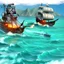 Placeholder: Two pirate ships fight each other at sea. Firing cannons.
