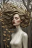 Placeholder: Streamline moderne woman windblown hair, 3D resin, trees leaves andrea kowch art deco