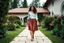 Placeholder: fullbody shot,of beautiful lady walking toward camera in a pretty villa garden wearing skirt and blouse , curvy hair,