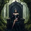 Placeholder: Morena Baccarin as a beautiful sexy dark elf queen seated elegantly on a throne in a mystical forest, dark celtic vignette frame, photo-realistic, cinematic lighting, award-winning photography