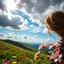 Placeholder: beautiful Green hills covered with flowers colorfull ,blue sky heavy clouds with godray ,very nice flowers at closeup ,wonderfull mountains at distance,beautiful lady clibming at hills