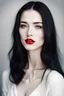 Placeholder: Portrait of a beautiful innocent woman with long black hair white skin, red lips with a beauty mark on her cheek