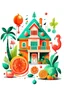 Placeholder: Design of house with orange, tomato, doughnut, cone of ice cream, emerald, diamond, grater, marble, chandelier, flamingo.