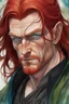 Placeholder: dnd, fantasy, watercolour, large strokes, stylistic, portrait, illustration, dull colours, male, face, narrow long face, weathered face, green eyes, determined, happy, red hair, very long hair streaming down the shoulders, radiating light, five o'clock shadow