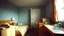 Placeholder: inside messy cheap motel room, bright light, empty room, grainy candid photograph, documentary style