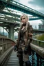 Placeholder: gril Cyberpunk theme standing on the bridge look into the camera I have a bracelet on my arm he has a vest and high boots blond hair