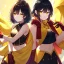 Placeholder: Clear focus,High resolution, Black short fluffy hair, and yellow eyes, wearing a black short skirt, sleeveless crop top, wearing long dark red gloves, yellow cloak, Holding hand out