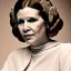 Placeholder: half-length color photo shoot, three-quarter face pose of carrie fisher as Princess Leia with realistic fine and very simple short hair, entrancing deep brown eyes, Intricate, High Detail, Sharp focus, realism, beautiful and detailed lighting, Nikon D850, ef 85mm 5.6 by Annie Leibovitz