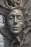 Placeholder: surrealis monochrome A fragmented, surreal sculpture liguid color of photorealistic image 3d,psychedelic art of trumpface glossy emerging from dreamlike a crumbling building. The face appears pale with deep cracks and intricate details, evoking a haunting expression. Blackened tree branches intertwine with the gold mengkilat cracks, set against a backdrop of stormy, cloud-filled skies. bauhaus art The overall tone is dark and moody, suggesting themes of decay and transformation. Include
