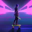 Placeholder: photo of a ninja riding a skateboard; in an alternate universe in tokyo; cyberpunk; realistic; rain; neon signs