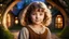 Placeholder: little young hobbit girl, beautiful, confident, calm, wise, happy, innocent, facing camera, head and shoulders, curly hair, hobbit clothing, perfect eyes, LOTR village, hobbit homes with circular windows and round doors, night scene, stars, fireflies, 16k artistic photography, exquisite composition, photorealistic concept art, soft natural volumetric light, chiaroscuro, award-winning photograph, masterpiece, style William-Adolphe Bouguereau