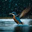 Placeholder: Kingfisher flying on a pond, water splashing around and sky blue theme and heavy rain and cooler temperature