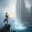 Placeholder: Busty blonde in swimsuit full body big but,fantasy art, book cover, upper body of big mad wizard in front of the ebony stairs of a bridge or dam ,icy water, on the bridge is a wolf, there is also a hawk and everything is seen from the tree tops,