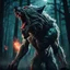 Placeholder: bloodthirsty angry savage werewolf howling at the moon, full body, muscular body, large claws, sharp teeth, night forest with gloomy dark teal colors, fire sparkle particles, dark tone, sharp focus, high contrast, 8k resolution, shallow depth of field, dramatic lighting, beautifully intricate details, clean environment