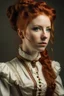 Placeholder: Oil portrait of a stern young Victorian woman with braided red hair. She is wearing a corset, white loose shirt, petticoat dress, in steampunk style