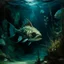 Placeholder: A dark bluish teal underwater abyss with angler fish painted by Edouard Manet