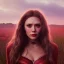 Placeholder: Feiticeira escarlate, Elizabeth Olsen, feiticeira, magia, rosto detalhado belo, bonita, cenário em um campo de flores, cinematográfico, dramático, por do sol, campo de flores, cores frias