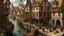 Placeholder: gothic medieval harbour with ships, piers, houses, shops, inns, balconies, plants, people, market