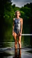 Placeholder: beautiful anorexic woman, full body shot, short grey triathlon swimsuit, medium length wavy bob haircut, photographed at the river