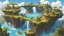 Placeholder: many tiny flying islands connected by natural bridges, vegetation, some waterfalls, blue sky with clouds