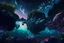 Placeholder: rocky cliff, vegetation, galaxy, infinite, cosmos, people, water reflection, sci-fi.