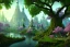 Placeholder: Immersive​ fantasy elven town city in the deep forest with ancient elder tree beautiful blossom nature river 4k full hd