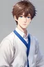 Placeholder: attractive korean anime boy with short fluffy brown hair and blue eyes with a blue and white school uniform