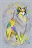 Placeholder: Abstract wet watercolour of a rough collie, ink lines, interlinked circles,detailed