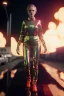 Placeholder: retro sci-fi portrait image from 1980, Los Angeles street explosions, fire, scared people, sweet young blonde woman walking, tight latex suit, soft color, highly detailed, unreal engine 5, ray tracing, RTX, lumen lighting, ultra detail, volumetric lighting, 3d, finely drawn, high definition, high resolution.