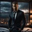 Placeholder: Hyper Realistic Muscular Ryan Reynolds looking handsome in a black formal dressing in a dark-cozy-bedroom with huge-windows-&-thunderstorm-view-outside at dark night