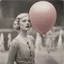 Placeholder: A blond woman with freckles, with a balloon at the circus, 1920s, red, orange, pink