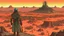 Placeholder: Desert warrior from behind looking at a city on a plateau in the distance, comic style