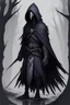 Placeholder: Concept Art of a character, Kenku, Raven Humanoid, Dark, Feather Cloak, Hooded, Glowing white eyes, Dark, Viking Armor, Raven Tail, DND art, Fantasy Art, Detailed Sketch, Medieval Lance, Grey Background, Dead Trees, Swamp