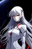 Placeholder: alien like anime girl with long white hair in evangelion style