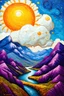 Placeholder: A fried egg sun shining down on purple mountains majesty in the spirit of dynamic cubism; in the style of Van Gogh; Lowbrow