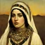 Placeholder: A portrait of a Arabic young woman in a traditional head covering and necklace in the desert painted by Klimt