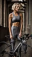 Placeholder: photography of a beautiful anorexic woman, grey satin triathlon top, sports illustrated, blond short wavy bob haircut, pronounced sternum, flat chest, anthracite cycling leggins