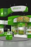 Placeholder: Corner green exhibition stand of a food company with product displays and a meeting area