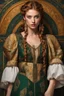 Placeholder: 3/4 lighting, Zoomed in Head and shoulders portrait of a high fashion model with Jewish and Irish ancestry, highly detailed elements including in the style of a Pre-Raphaelite painting.