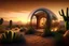 Placeholder: Hyper-realistic 8k photographic scene of a desert landscape, with a house shaped like a glass bubble, with a transparent entrance door and an interior full of plants and flowers, botanical. Sunset light.