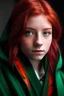 Placeholder: A girl with red hair and green eyes and she is wearing a Hogwarts robe