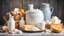 Placeholder: Jug of milk, cheese, butter, yogurt or sour cream, cottage cheese, bread and eggs. Farm dairy products concept